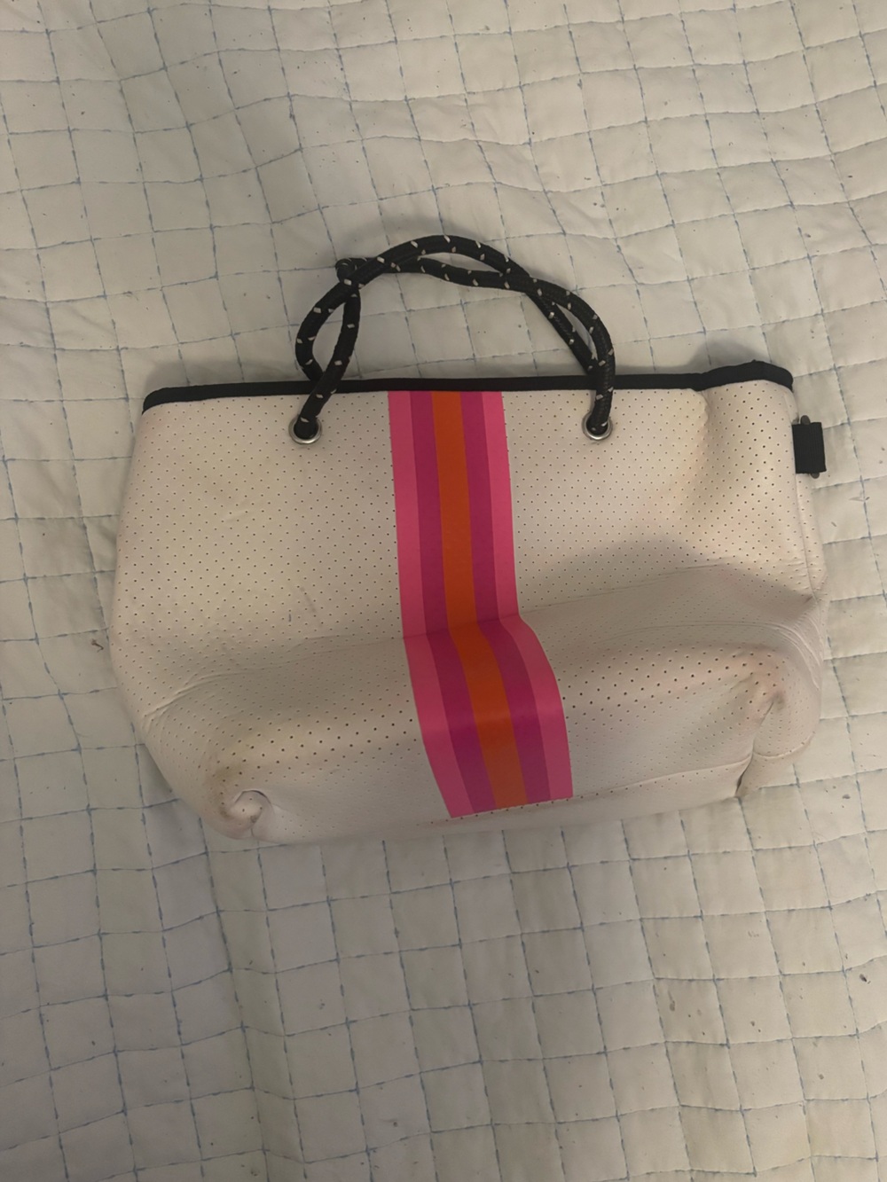 White Neoprene Tote with Pink and Orange Stripes